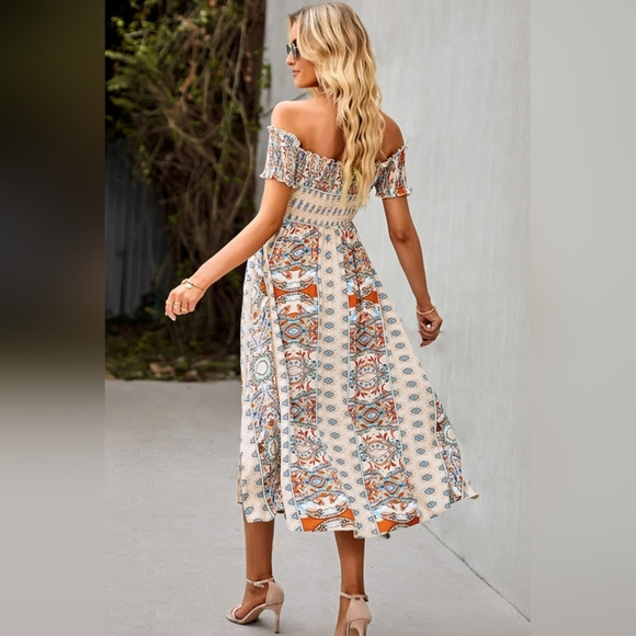 Bohemian Retro 70s Floral Smock Chest Off-Shoulder Midi Summer Dress Apricot - Picture 7 of 8
